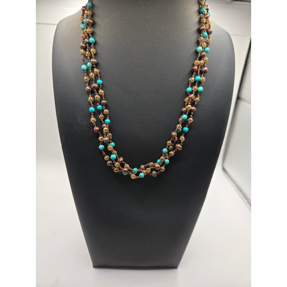 Boho Multi Strand Beaded Necklace Turquoise Brown Pearl Gold Filigree 16-19in
